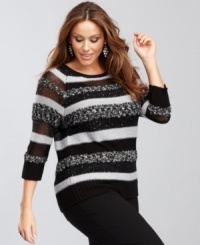 Mixing it up is what INC does best. Metallic, marled and sequined knits (plus a couple of sheer stripes) give this sweater evening-out appeal. Mixing it up is what INC does best. Metallic, marled and sequined knits (plus a couple of sheer stripes) give this sweater evening-out appeal.