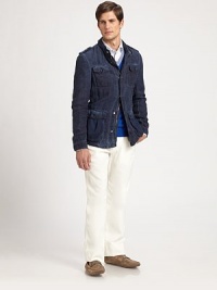 Military inspiration shows up in full effect in this deep-indigo rinsed jacket in cool, casual linen.Zip frontShoulder epaulettesChest, waist flap pocketsAbout 29 from shoulder to hemLinenMachine washImported Military inspiration shows up in full effect in this deep-indigo rinsed jacket in cool, casual linen.Zip frontShoulder epaulettesChest, waist flap pocketsAbout 29 from shoulder to hemLinenMachine washImported