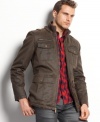 Don't catch a chill. Take this stylish military-style jacket from Guess with you to keep the cool weather in check.