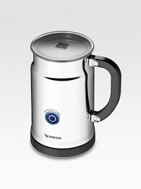 A luscious topping of foam is the crowning glory of a cappuccino and equally important for lattes, macchiatos and other coffee favorites. This compact, fully automatic stainless steel machine creates that perfect froth with the push of a button. Automatic shut-off Includes two whisk attachments 8 oz. capacity 6¾H X 4 diam. Imported A luscious topping of foam is the crowning glory of a cappuccino and equally important for lattes, macchiatos and other coffee favorites. This compact, fully automatic stainless steel machine creates that perfect froth with the push of a button. Automatic shut-off Includes two whisk attachments 8 oz. capacity 6¾H X 4 diam. Imported