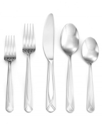 Engraved with a simple ribbon motif, the Nanette Sand flatware set from Cambridge lends contemporary grace to casual settings. With service for 12 and serving pieces. Engraved with a simple ribbon motif, the Nanette Sand flatware set from Cambridge lends contemporary grace to casual settings. With service for 12 and serving pieces.