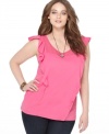 Score a flirty look for spring with DKNY Jeans' sleeveless plus size top, accented by lace and ruffles.