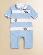 A dapper one-piece for baby in ultra-soft cotton with contrasting stripes and embroidered dumptrucks.Shirt collarShort sleevesButton frontBottom snapsCottonMachine washImported Please note: Number of buttons and snaps may vary depending on size ordered. 