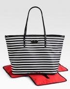 A chic, striped baby bag with matching changing pad that makes mommy look stylish and sophisticated.Double top handles, approximately 10 dropSpring clip strap top closeStroller clipsOne inside open pocketOne inside zip pocketBright, wipe-clean liningJersey-backed nylon with patent leather trim12½W X 14¾H X 7DImported