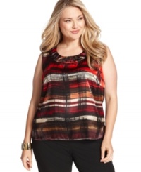 With its fresh take on traditional autumnal plaid, Kasper's plus size printed shell adds color and style to any work wardrobe. (Clearance) With its fresh take on traditional autumnal plaid, Kasper's plus size printed shell adds color and style to any work wardrobe. (Clearance)