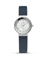 Leather strap bracelet watch from Skagen with a faceted silver dial and crystal markers. This understated timepiece boasts a slim profile and advanced Japanese quartz movement for a sleek combination of form and function.
