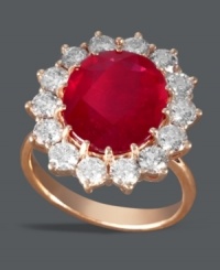 Royally intriguing. Effy Collection's stunning circular ring features a round-cut ruby (6-5/8 ct. t.w.) surrounded by a halo of round-cut diamonds (2 ct. t.w.). Set in 14k rose gold. Approximate diameter: 4/5 inch. Royally intriguing. Effy Collection's stunning circular ring features a round-cut ruby (6-5/8 ct. t.w.) surrounded by a halo of round-cut diamonds (2 ct. t.w.). Set in 14k rose gold. Approximate diameter: 4/5 inch.