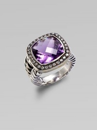 From the Moonlight Ice Collection. A beautiful amethyst stone surrounded by pavé diamonds. Amethyst Diamonds, 0.45 tcw Blackened sterling silver Size, about ½L X ½ W Imported 