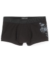 Emporio Armani updates the classic trunk with a wide, tonal waistband and skull print at the hip.