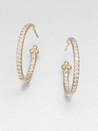 Classic hoops in radiant 18k gold accented with brilliant, pavé diamonds. Diamonds, .99 tcw18k goldLength, about 2Post backMade in Italy Classic hoops in radiant 18k gold accented with brilliant, pavé diamonds. Diamonds, .99 tcw18k goldLength, about 2Post backMade in Italy