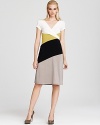 Sophistication meets boldness in this BCBGMAXAZRIA color-block dress, finished with a tie at the waist for polish.