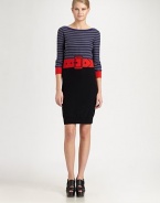 Striped boatneck of cotton and cashmere has banded cuffs and a belt print that visually cinches the waist. BoatneckLong sleevesBanded cuffs and hemAbout 23 from natural waist70% cotton/30% cashmereDry cleanImportedModel shown is 5'10 (177cm) wearing US size Small.