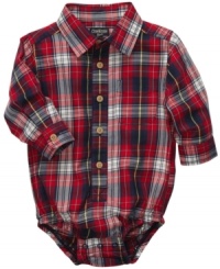 Cute in soft cotton flannel, this Osh Kosh bodysuit is made to mix and match with a variety of bottoms. Cute in soft cotton flannel, this Osh Kosh bodysuit is made to mix and match with a variety of bottoms.