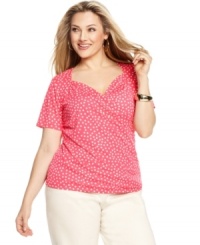 A darling polka dot print enlivens Jones New York Collection's short sleeve plus size top, featuring a flattering draped design. A darling polka dot print enlivens Jones New York Collection's short sleeve plus size top, featuring a flattering draped design.
