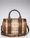 A classic checked motif details this Burberry satchel, offering a rich counterpart to the curvy shape of this versatile handbag.