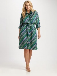 Introducing your new favorite dress. This design features an irresistible print and a self-tie belt to accentuate your waist. Collar neckThree-quarter sleevesButton placketAllover printSelf-tie beltAbout 24 from natural waist60% silk/40% polyesterDry cleanMade in USA Introducing your new favorite dress. This design features an irresistible print and a self-tie belt to accentuate your waist. Collar neckThree-quarter sleevesButton placketAllover printSelf-tie beltAbout 24 from natural waist60% silk/40% polyesterDry cleanMade in USA
