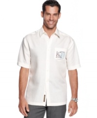 For the laid-back, casual dresser, Cubavera's stamp-motif shirt pairs perfectly with traditional trousers or classic dark denim for a bevy of looks. For the laid-back, casual dresser, Cubavera's stamp-motif shirt pairs perfectly with traditional trousers or classic dark denim for a bevy of looks.