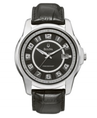 A handsome timepiece versatile enough for wear in the board room or the dining room. Part of Bulova's Precisionist collection, watch is accurate to ten seconds a year. Round stainless steel case and black leather strap. Black dial with applied index features luminous hour and minute hands, continuously sweeping second hand, silvertone numerals at markers, date window at three o'clock and logo. Quartz movement. Water resistant to 30 meters. Three-year limited warranty. A handsome timepiece versatile enough for wear in the board room or the dining room. Part of Bulova's Precisionist collection, watch is accurate to ten seconds a year. Round stainless steel case and black leather strap. Black dial with applied index features luminous hour and minute hands, continuously sweeping second hand, silvertone numerals at markers, date window at three o'clock and logo. Quartz movement. Water resistant to 30 meters. Three-year limited warranty.