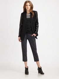 Lengthy, wool-rich blazer rejuvenated by supple leather sleeves. Button frontFront besom pocketsLong leather sleeves with buttoned cuffsFront flap pocketsAbout 28 from shoulder to hem80% wool/20% polyamideDry cleanImported of Italian fabricModel shown is 5'9½ (176cm) wearing US size 4. Lengthy, wool-rich blazer rejuvenated by supple leather sleeves. Button frontFront besom pocketsLong leather sleeves with buttoned cuffsFront flap pocketsAbout 28 from shoulder to hem80% wool/20% polyamideDry cleanImported of Italian fabricModel shown is 5'9½ (176cm) wearing US size 4.