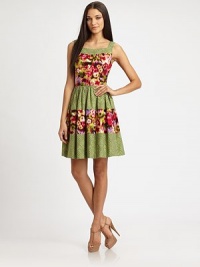 Bands of colorful cotton printed in complementary colorful patterns make up this sweet style.Square necklineSleevelessFull skirt Panel constructionConcealed back zipAbout 21 from natural waistFully linedCottonDry cleanMade in USA of imported fabricModel shown is 5'10½ (179cm) wearing US size 2. Bands of colorful cotton printed in complementary colorful patterns make up this sweet style.Square necklineSleevelessFull skirt Panel constructionConcealed back zipAbout 21 from natural waistFully linedCottonDry cleanMade in USA of imported fabricModel shown is 5'10½ (179cm) wearing US size 2.