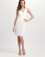 Timelessly elegant and romantic, this crisp, allover lace sheath features flirty scalloped trim. V-neck Sleeveless Scalloped trim on neckline, armholes and hem Princess seams Side zipper About 37 from shoulder to hem 91% nylon/9% spandex Hand wash Imported 