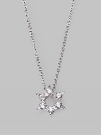 From the Tiny Treasures Collection. This petite diamond-encrusted star with an open center is set in 18k white gold and hangs from a sterling silver chain. Diamonds, 0.09 tcw 18k white gold and sterling silver Chain length, about 18 Pendant diameter, about ¼ Lobster clasp Made in Italy From the Tiny Treasures Collection. This petite diamond-encrusted star with an open center is set in 18k white gold and hangs from a sterling silver chain. Diamonds, 0.09 tcw 18k white gold and sterling silver Chain length, about 18 Pendant diameter, about ¼ Lobster clasp Made in Italy