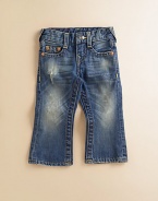 Darling denim for the little one, this distressed pair with a faded rinse is a fun take on the blues. Belt loops Front zipper with snap closure Five-pocket styling Back flap snap pockets Small Buddha pocket lining Cotton; machine wash Imported of American fabric Please note: distress pattern may vary