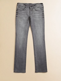 On trend this season, grey jeans featuring a classic, five-pocket design and dark stitching.Button closureZip flyFront whiskeringFive-pocket styleBelt loopsMetal rivet details Topstitching98% cotton/2% spandexMachine washImported On trend this season, grey jeans featuring a classic, five-pocket design and dark stitching.Button closureZip flyFront whiskeringFive-pocket styleBelt loopsMetal rivet details Topstitching98% cotton/2% spandexMachine washImported