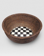 An inviting mix of handwoven, natural rattan and glazed enamelware, handpainted with high-contrast checks and subtle jeweltones. Enamelware backed in lightweight, lasting steel Bronzed stainless steel rim 5¾H X 12 diam. Imported