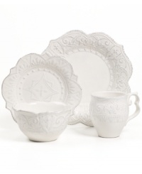 Revive the grace and charm of another era with Versailles Maison's Blanc Amelie place setting. A rich pattern is entirely embossed on classic dinnerware finished with a soft white glaze and distressed detail. Revive the grace and charm of another era with Versailles Maison's Blanc Amelie place setting. A rich pattern is entirely embossed on classic dinnerware finished with a soft white glaze and distressed detail.