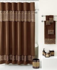 Into the wild. Boasting an exotic zebra and cheetah motif and rich brown tones, this Cheshire shower curtain accents your home with safari-inspired style. Into the wild. Boasting an exotic zebra and cheetah motif and rich brown tones, this Cheshire shower curtain accents your home with safari-inspired style.