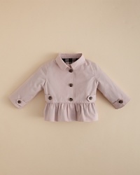 Burberry's Lily peplum jacket evokes a timeless charm built on select details like the ruffled hem and button accents. Burberry's Lily peplum jacket evokes a timeless charm built on select details like the ruffled hem and button accents.