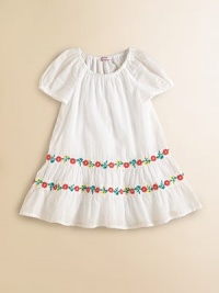 Tailored in airy cotton, this angelic frock is beautifully complemented with ruffled hem and two tiers of colorful, embroidered flowers.Elastic scoopneckShort puffed sleevesPullover styleRuffled hemCottonMachine washImported Tailored in airy cotton, this angelic frock is beautifully complemented with ruffled hem and two tiers of colorful, embroidered flowers.Elastic scoopneckShort puffed sleevesPullover styleRuffled hemCottonMachine washImported