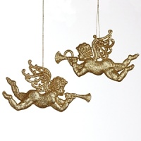 Hark the herald angels sing! Two cherubs welcoming the holidays by blowing their joyous horns, these ornaments are lavishly crafted to bring good cheer. Hark the herald angels sing! Two cherubs welcoming the holidays by blowing their joyous horns, these ornaments are lavishly crafted to bring good cheer.