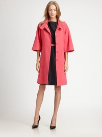 It's a nod to mod-chic in lightweight crepe offset with a modified funnelneck, bold buttons and waist-nipping belt.Button collarDropped shouldersThree-quarter sleevesConcealed snap-button placketPatch pocketsAbout 36 from shoulder to hem64% polyester/31% viscose/5% elastaneDry cleanMade in USA of imported fabricModel shown is 5'9½ (176cm) wearing US size 4. It's a nod to mod-chic in lightweight crepe offset with a modified funnelneck, bold buttons and waist-nipping belt.Button collarDropped shouldersThree-quarter sleevesConcealed snap-button placketPatch pocketsAbout 36 from shoulder to hem64% polyester/31% viscose/5% elastaneDry cleanMade in USA of imported fabricModel shown is 5'9½ (176cm) wearing US size 4.