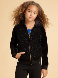 Add a little sparkle to playtime with shimmering specks on the front, back and hood of this cozy hoodie.Attached hoodZip front with J pullLong plain sleeves with ribbed cuffsRibbed waistAngled front pocketsJuicy heart charm near hemCotton jersey liningPolyesterHand washImported