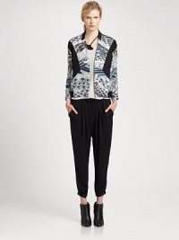 Abstract pheasant print and contrast trim revive this retro jacket. CollarlessDropped shouldersBracelet sleevesButton closureAbout 21 from shoulder to hemViscoseDry cleanMade in USA of Italian fabricModel shown is 5'11 (178cm) wearing US size 4. Abstract pheasant print and contrast trim revive this retro jacket. CollarlessDropped shouldersBracelet sleevesButton closureAbout 21 from shoulder to hemViscoseDry cleanMade in USA of Italian fabricModel shown is 5'11 (178cm) wearing US size 4.