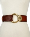 Oh, baby is this Steve Madden belt the bomb. The oversized O-ring in burnished brass-tone makes a statement alongside the faux braided leather, for a look that adds just enough attitude and interest.