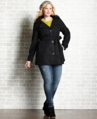 Looking cute in the cold is a cinch with Dollhouse's plus size single-breasted coat, featuring a belted waist. Looking cute in the cold is a cinch with Dollhouse's plus size single-breasted coat, featuring a belted waist.