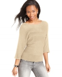 A toasty sweater that doesn't skimp on style, Dolled Up's three-quarter sleeve pullover features metallic threading and classic ribbed style. A toasty sweater that doesn't skimp on style, Dolled Up's three-quarter sleeve pullover features metallic threading and classic ribbed style.