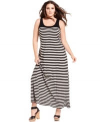Look stunning in stripes with DKNYC's sleeveless plus size maxi dress-- it's so on-trend for the season! Look stunning in stripes with DKNYC's sleeveless plus size maxi dress-- it's so on-trend for the season!