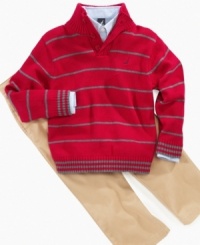 This Nautica sweater, button down and khaki set is classy and cute. This Nautica sweater, button down and khaki set is classy and cute.