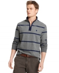 Warm up the fall with this striped and sueded quarter-zip shirt from Izod, an excellent choice for fall barbecues and trips to the shore. Warm up the fall with this striped and sueded quarter-zip shirt from Izod, an excellent choice for fall barbecues and trips to the shore.