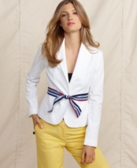 Rendered in eyelet cotton with a festive grosgrain ribbon belt, this Tommy Hilfiger blazer exemplifies preppy cool. Pair it with colored pants for the chicest look of the season! Rendered in eyelet cotton with a festive grosgrain ribbon belt, this Tommy Hilfiger blazer exemplifies preppy cool. Pair it with colored pants for the chicest look of the season!