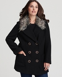 Embrace a trend-right fall in this Karen Kane peacoat, flaunting a faux fur collar for statement chic. Embrace a trend-right fall in this Karen Kane peacoat, flaunting a faux fur collar for statement chic.
