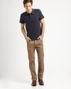 Dark khaki pant is a polished rendition of a classic five-pocket, updated with front J pockets and an additional coin pocket for added versatility.Five-pocket styleInseam, about 3395% cotton/5% polyurethaneDry cleanImported
