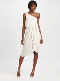 This graceful, artfully draped design has a decidedly Grecian goddess-appeal.Asymmetrical necklineBodice overlayFront and back drapingTulip helmlineConcealed side zipAbout 28 from natural waistPolyesterDry cleanImportedModel shown is 5'10 (177cm) wearing US size Small. This graceful, artfully draped design has a decidedly Grecian goddess-appeal.Asymmetrical necklineBodice overlayFront and back drapingTulip helmlineConcealed side zipAbout 28 from natural waistPolyesterDry cleanImportedModel shown is 5'10 (177cm) wearing US size Small.