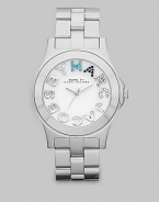 Colorful crystals accent the logo dial on this simply chic, stainless steel style. Quartz movementWater resistant to 5 ATMStainless steel case, 40mm (1.6) Smooth bezelWhite dialCrystal accented and smooth logo hour markersSecond hand Stainless steel link braceletImported 