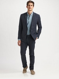Exceptionally modern take on a classic blazer, tailored in fine, spotted wool, for a slubby finish.ButtonfrontChest, waist welt pocketsRear ventAbout 29 from shoulder to hemWoolDry cleanImported Exceptionally modern take on a classic blazer, tailored in fine, spotted wool, for a slubby finish.ButtonfrontChest, waist welt pocketsRear ventAbout 29 from shoulder to hemWoolDry cleanImported