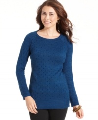 NY Collection dresses up this sweater with pointelle detail and shimmering metallic flecks throughout. NY Collection dresses up this sweater with pointelle detail and shimmering metallic flecks throughout.